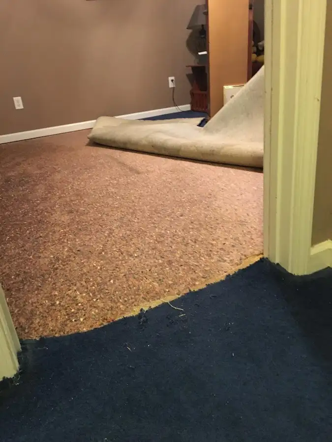 Carpet pad removal revealing water damage during Water Mitigation Services in Laguna Hills